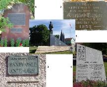 1) First Settlers Monument 2) Ezekiel Taylor Plaque 3) Saxby Gale High-water Mark 4) National Day of Mourning Monument 5)Moncton 100 Monument.; Moncton Museum