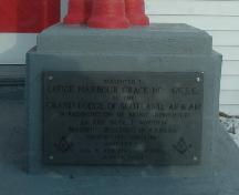 View of engraved plaque located at main facade, Masonic Lodge Harbour Grace #476 A.F. and A.M., S.C , NL. ; HFNL 2005