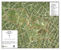 Aerial view of St. John's Ecclesiastical District outlined in red, with legend of buildings.; City of St. John's 2005