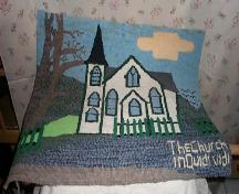 Photo of traditional Newfoundland hooked mat, showing the front facade of Christ Church, Quidi Vidi, Newfoundland.; O'Dea's Auction Room, Newfoundland, 2006