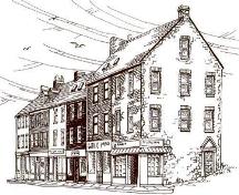 Exterior sketch of Yellow Belly Corner. The building served two purposes for its owner. It had a shop on the ground floor and a place of residence above for the shop keeper. ; Drawing by Jean Ball ca. 1974. Reproduced by permission of the Newfoundland Historic Trust, 1974.
