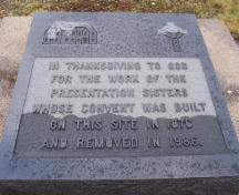 Plaque marking the site of the former Presentation convent, Renews, NL. Photo taken November, 2005.; HFNL/Andrea O'Brien 2005