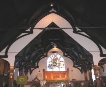 Wooden support beams in nave, Saint Barnabas' Church, Blue Rocks, Lunenburg County, Nova Scotia, 2006.; Heritage Division, Nova Scotia Department of Tourism, Culture and Heritage, 2006.