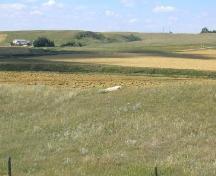 View northwest at petroglyph boulder in its valley setting, 2004.; Government of Saskatchewan, Marvin Thomas, 2004.