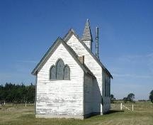 Southeast corner of church, featuring exterior view of altar window and surrounding grounds, 2005.; Lindy Thorsen, 2005.