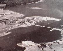 Burns Mill Site is located on the bottom left of the image extending into the Richibucto River.; Village of Rexton