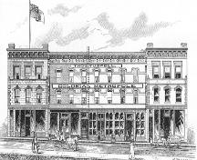 Historic drawing of the Colonial Hotel, 1891, then known as the Colonial Metropole Hotel.; Victoria Illustrated 1891, p.80.
