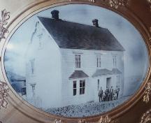 Historic family portrait including a front and side exterior view of Henry Tremblett House in Bonavista, NL, circa 1895; HFNL 1996