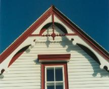 Photo of gable end decoration, Henry Tremblett House, Bonavista, NL, circa 2002, after restoration work; HFNL 2002
