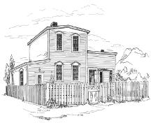 Pen and ink drawing of the Anglo American Telegraph Office, Placentia, NL, circa 1978.; Newfoundland Historic Trust 2006