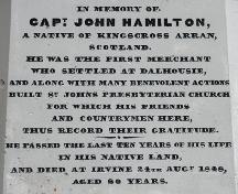 Hamilton Monument - Main inscription on east face of Hamilton Monument.; Restigouche Regional Museum, Dalhousie