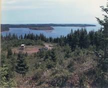 View towards Port Toulouse archaeology site, Nova Scotia, from Mount Granville, 1985.; Parks Canada 1985