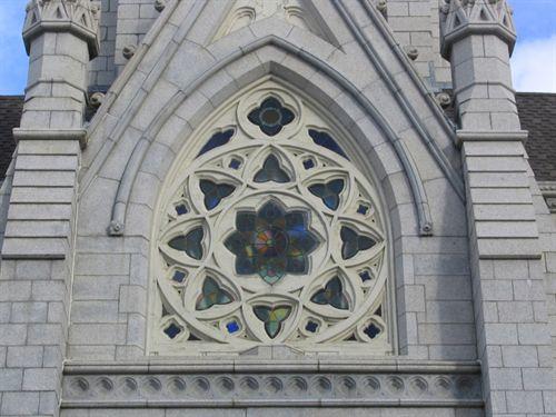 Stained glass window on the front elevation