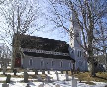 East elevation and cemetery, the church hall is located on the far right, Trinity Anglican Church, Digby, Nova Scotia, 2004.
; Heritage Division, NS Dept. of Tourism, Culture and Heritage, 2004.
