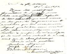 Cette lettre déclare que des fondateurs du village donnent quatre arpents de terre pour permettre de bâtir la première église aussitôt qu'ils auront les "grants" demandés du gouvernement  ; Valmond Léger Collection