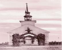 La deuxième église sur son ancien emplacement au centre institutionnel du Higo de Cocagne. La deuxième église de Saint-Antoine est décorée pour une célébration religieuse en 1913; R, Savoie/Valmond Léger Collection