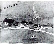 This image shows the Soucy Farm and its outbuildings, as well as a portion of the fields as they were in 1953.; Conrad Soucy