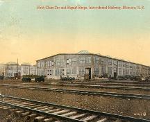 This colourized postcard of the main I.C.R. repair shop is postmarked 1913.; Moncton Museum