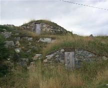 Front photo view of Dan Goodland Downstairs Root Cellar (at bottom) and Jim Goodland Upstairs Root Cellar (above), known together as the Upstairs-Downstairs Cellars, Maberly, NL; Tourism Elliston Inc., 2007
