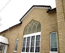 Primary elevation of the south side window of the Baldur United Church, Baldur, 2005; Historic Resources Branch, Manitoba Culture, Heritage and Tourism, 2005