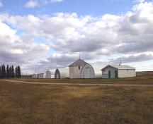 Contextual view, from the northwest, of the Carberry Agricultural Display Building (centre), Carberry, 2006; Historic Resources Branch, Manitoba Culture, Heritage and Tourism 2005