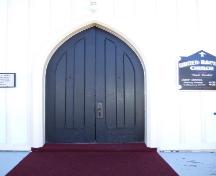 This photograph shows the beautiful paired wooden Gothic Revival doors, 2007; Town of St. Andrews