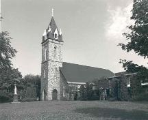 South (front) and east elevations, showing bell tower, nave and some of 1955 addition - c. 1983; OHT, 1983