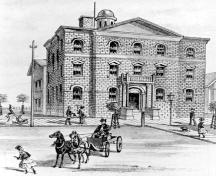Artist's rendering of the front (north) view of the Niagara District Courthouse – ca. 1876; Niagara Falls (Ontario) Public Library