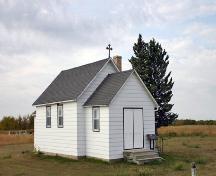 Primary elevations, from the northeast, of the Ruthenian Greek Catholic Church of the Ascension, Rogers area, 2006; Historic Resources Branch, Manitoba Culture, Heritage and Tourism, 2006