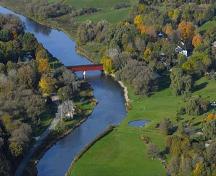 An aerial view of the West Montrose Covered Bridge and surrounding rural landscape.; Township of Woolwich, 2007