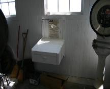 Interior detail view of a grading table in the Eriksdale Creamery, Eriksdale, 2005; Historic Resources Branch, Manitoba Culture, Heritage and Tourism, 2005