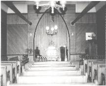 A view of the interior of the Raynardton Free Baptist Church, Municipality of the District of Yarmouth, NS, 1991.; Municipality of the District of Yarmouth, NS,1991.