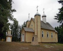 Primary elevations, from the west, of the Ukrainian Greek Orthodox Church of the Assumption of St. Mary, Rossburn area, 2006; Historic Resources Branch, Manitoba Culture, Heritage and Tourism, 2006