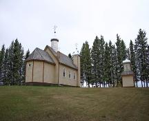 Secondary elevations, from the northeast, of the Ukrainian Greek Orthodox Church of the Assumption of St. Mary, Rossburn area, 2006; Historic Resources Branch, Manitoba Culture, Heritage and Tourism, 2006