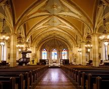 Interior of Assumption Church looking towards the altar showing decorative vaulted ceiling; OHT