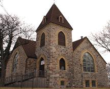 Primary elevations, from the northwest, of Deloraine Presbyterian Church, Deloraine, 2005; Historic Resources Branch, Manitoba Culture, Heritage and Tourism, 2005