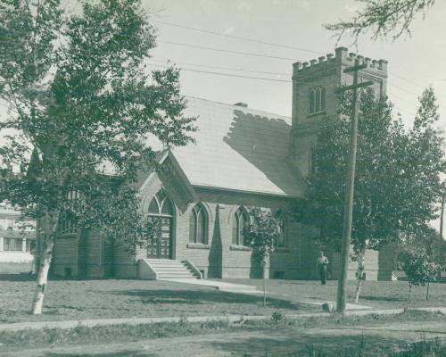 Showing church with tower, c. 1940s