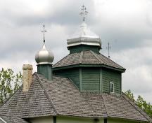 Detail of roof ornamentation on the St. Michael's Ukrainian Greek Orthodox Church, near Gardenton, 2005; Historic Resources Branch, Manitoba Culture, Heritage, Tourism and Sport, 2005