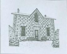 South facade featuring gable with Gothic window and six over six hung windows, circa 1985.; 1985 Calendar, Wellesley Township LACAC.