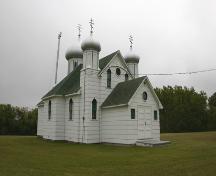 Primary elevations, from the northwest, of Sts. Peter and Paul Ukrainian Orthodox Church, Seech, 2004; Historic Resources Branch, Manitoba Culture, Heritage, Tourism and Sport, 2004
