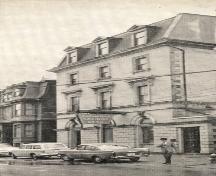 Historic image of the former Bank of British North America.  At the time of this photo, the buiding was known as the Newfoundland Savings Bank.  Photo taken circa 1961.; HFNL 2007