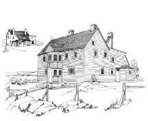 Drawing by Jean Ball circa 1978 of Bleak House, Fogo, showing front and right side, with rear view shown in insert drawing; Ten Historic Towns, published by Newfoundland Historic Trust, 1978