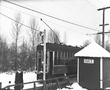 Vorce Station and Interurban No.1233 on the Burnaby Lake interurban line at the foot of Nursery Road, circa 1952.; Burnaby Village Museum Collection, BV.988.20.2
