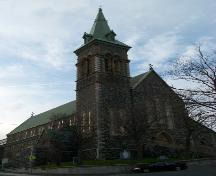 General view of St. Patrick's Roman Catholic Church, showing its bold, simple massing, and the offset placement of the tower, 2007.; Parks Canada Agency / Agence Parcs Canada, 2007.