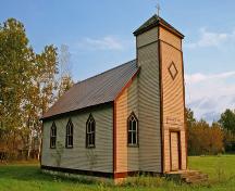 Primary elevations, from the northwest, of Garland United Church, Garland, 2007; Historic Resources Branch, Manitoba Culture, Heritage, Tourism and Sport, 2007