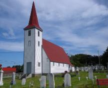View of the front and right facades of St. John the Evangelist Anglican Church, Topsail, Conception Bay South, NL. Photo taken 2009. ; HFNL/Andrea O'Brien 2009