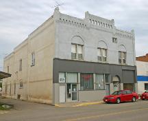 Primary elevations, from the southeast, of the Charlie Sear Building, Carberry, 2008; Historic Resources Branch, Manitoba Culture, Heritage, Tourism and Sport, 2008