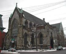 This photograph shows a contextual view of the building from the corner of Wentworth and Princess streets; City of Saint John