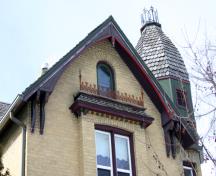 View of the elaborate gingerbread detailing of the Stodders House, Morden, 2005; Historic Resources Branch, Manitoba Culture, Heritage and Tourism, 2005