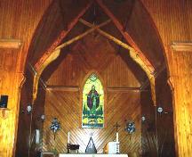 Altar showing supports in building and stained glass window, Holy Trinity Church, Country Harbour Mines, NS; Heritage Division, NS Department of Tourism, Culture and Heritage, 2009
